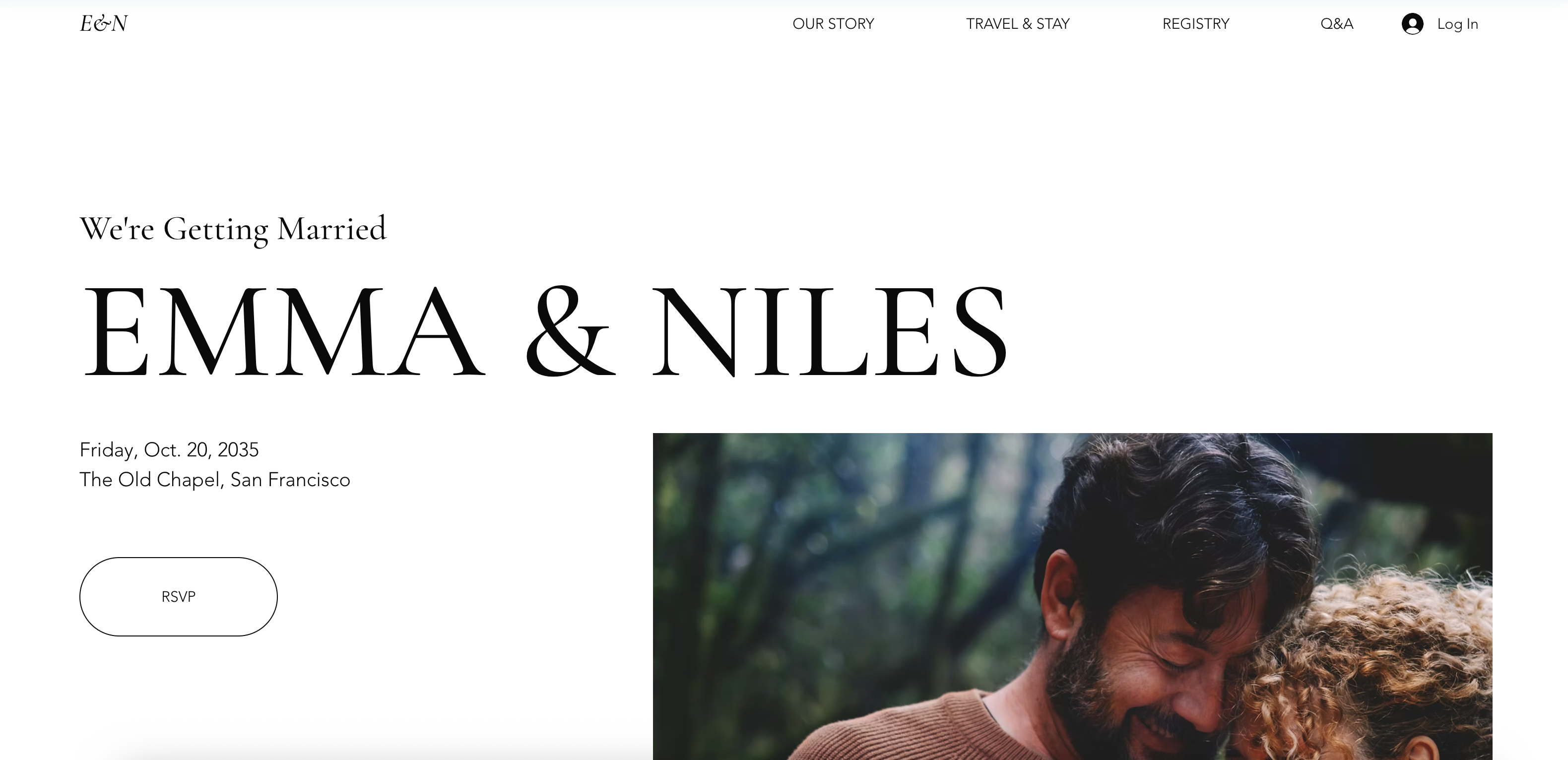 Modern minimalist wedding website template featuring clean design with elegant typography and subtle pink accents